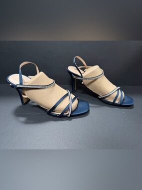 Nina Satin Strappy Heels Navy Rhinestone Accents s
9 Velcro adjustable strap